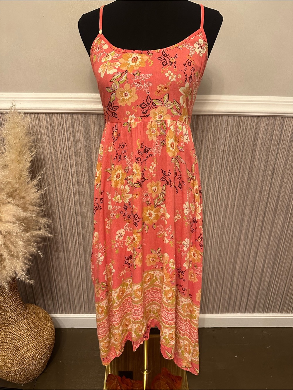 Angie Coral Floral Handkerchief Hem Midi Dress Boho Sundress Size Small - Picture 2 of 7